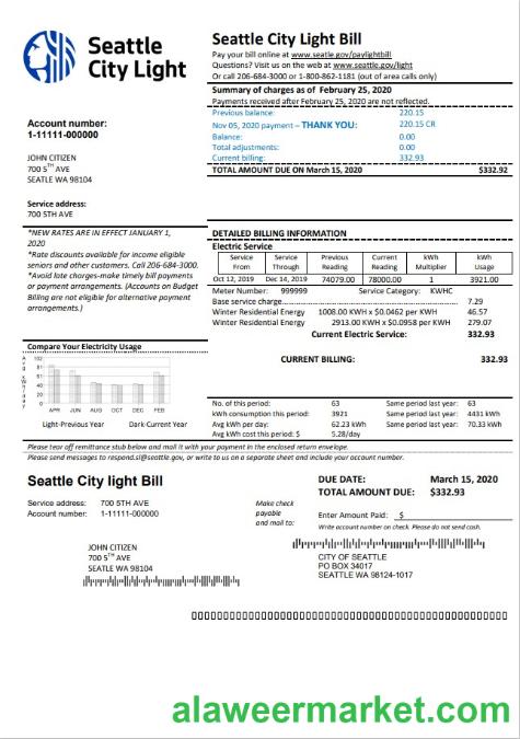 USA Washington Seattle City Light utility bill template in Word and PDF format